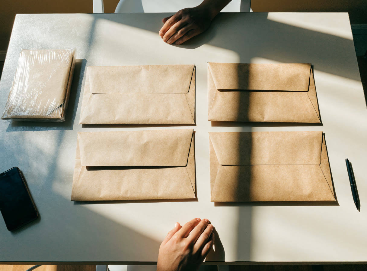 Sobres y un paquete ordenados sobre un escritorio