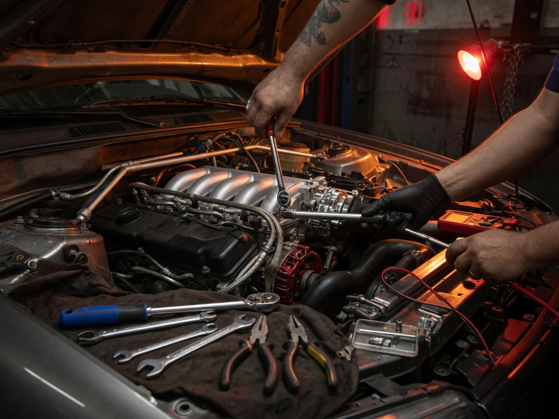 Manos expertas trabajando en un motor automotriz en Ciudad de México